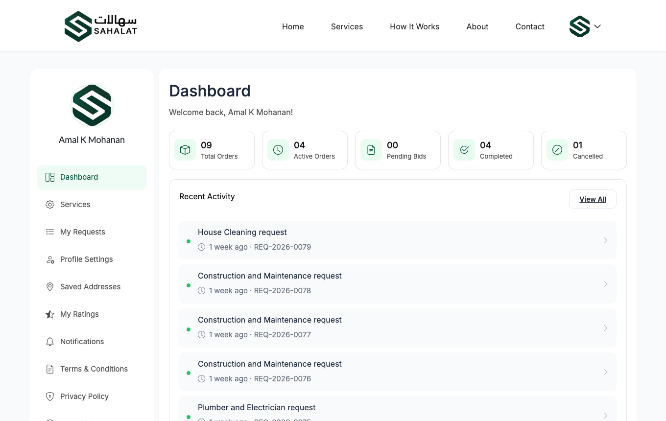 Your dashboard lists active orders and the next scheduled visit.