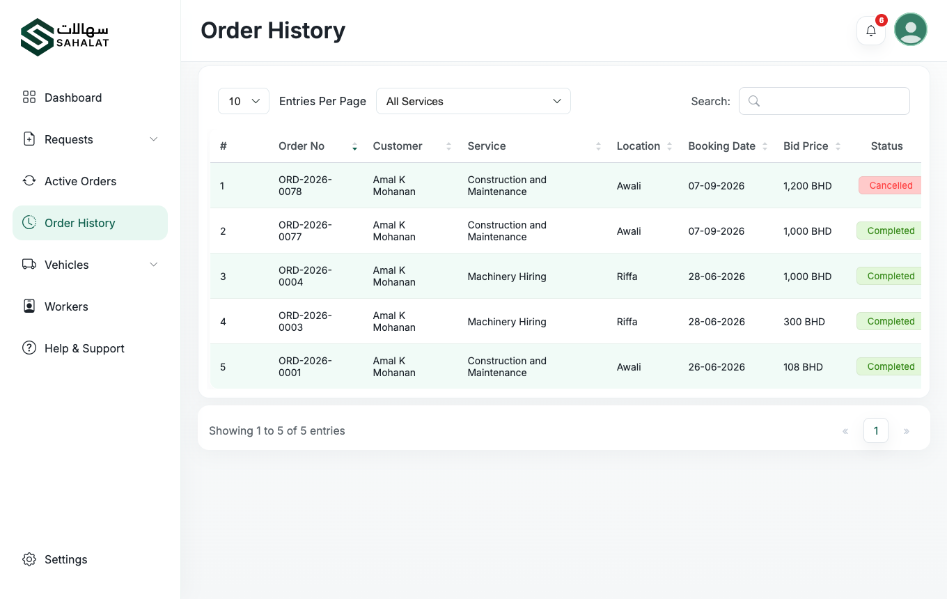 Order History keeps every finished job and its invoice.