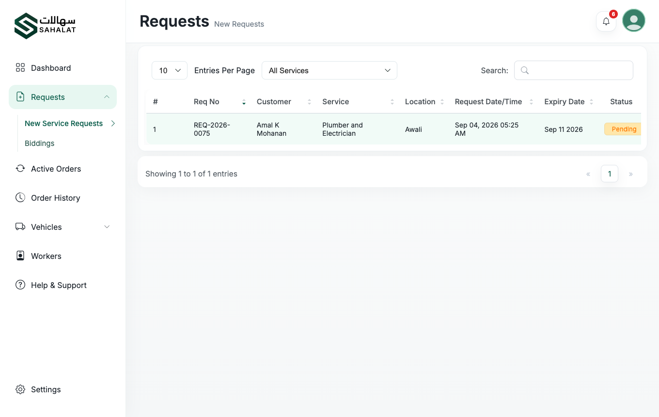New Service Requests, showing the reference, customer, service, location and closing date.