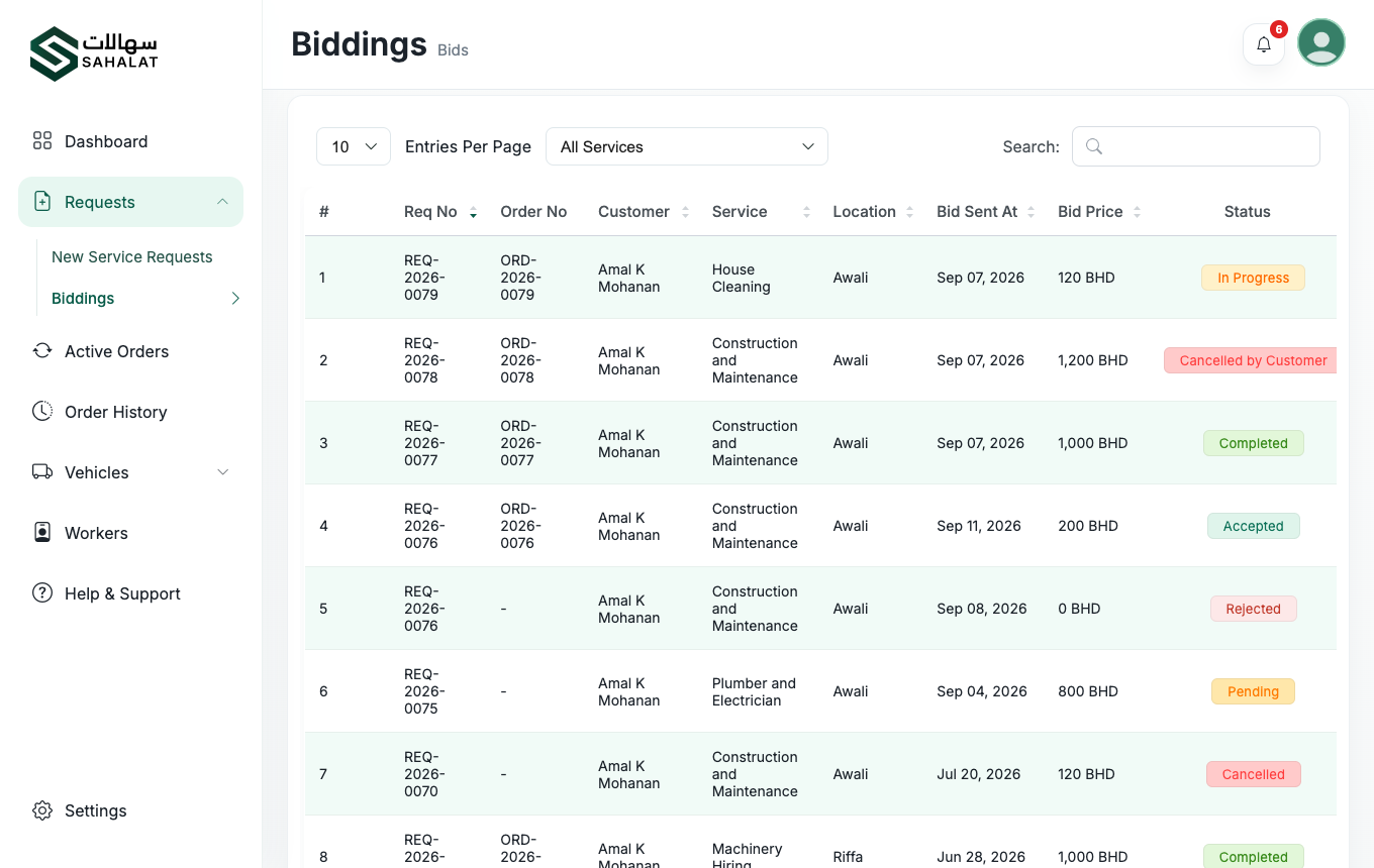 Biddings lists every offer you have sent and where it stands.