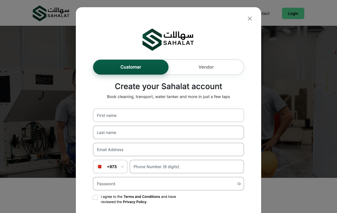 Sign up on the Sahalat home page, then start the business registration.